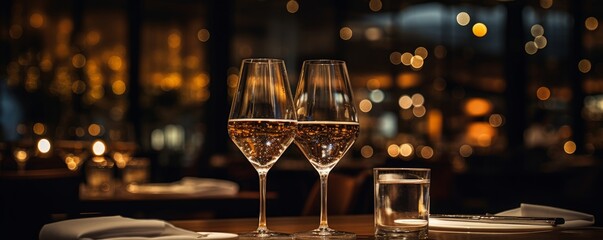 wine glasses in fancy restaurant with bokeh background - obrazy, fototapety, plakaty