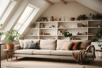 Corner sofa against shelving unit, scandinavian home interior design of modern living room in attic in farmhouse. Image created using artificial intelligence.