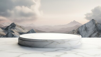 white marble podium with mountains and sky background