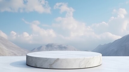 white marble podium with sky background