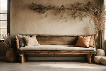 Rustic aged wood tree trunk bench with pillows near stucco wall with dried twig decor. Image created using artificial intelligence.