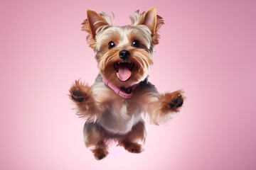 Yorkshire Terrier Dog Jumping on Pink Background