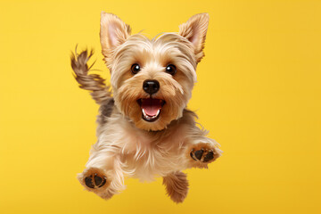 Yorkshire Terrier Dog Jumping on Yellow Background