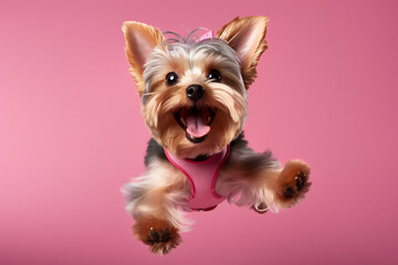 Yorkshire Terrier Dog Jumping on Pink Background
