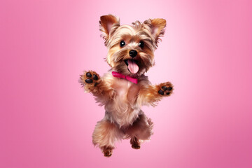 Yorkshire Terrier Dog Jumping on Pink Background