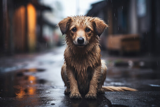 Stray homeless dog. Sad abandoned hungry puppy sitting alone in the street under rain. Dirty wet lost dog outdoors. Pets adoption, shelter, rescue, help for pets