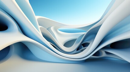 Abstract parametric architecture template, an empty interior with soft bent walls under blue sky