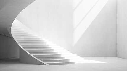 Abstract white concrete interior, an empty hall with bent stairway and natural soft light