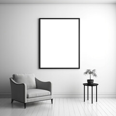 Minimalist Workspace: Black and White Home Office with Blank White Wall Frame Mockup