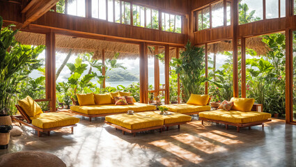 Fototapeta premium interior of an eco-friendly house, tropical leaves