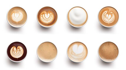 Set of cups with different types of coffee from top view isolated on white background.