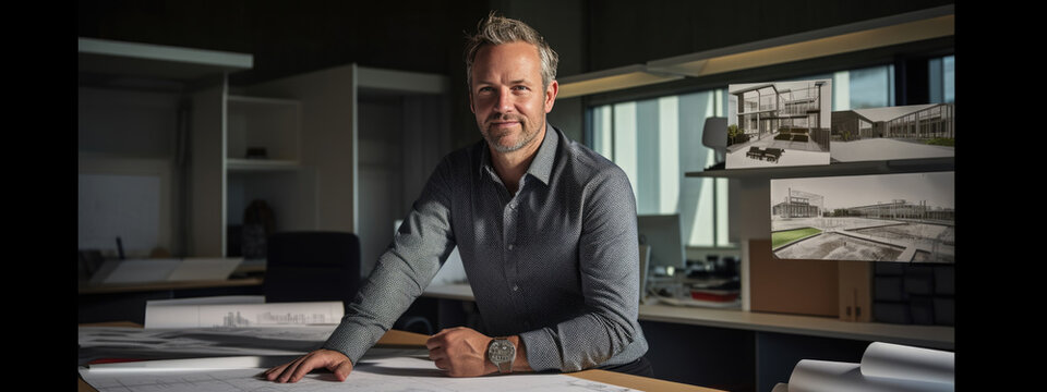 Male Architect Stands In An Office In Front Of A Desk With Various Architectural Projects