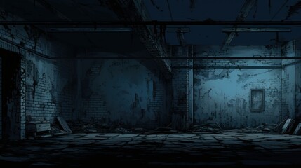 illustration of a dark room of old decrepit bare blue wall