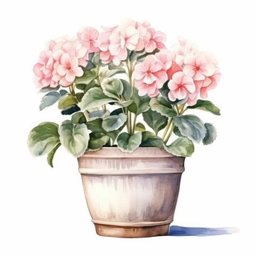 watercolor pink flower pot isolated on white background