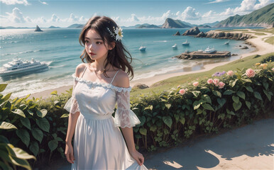 Beautiful Woman in romantic flying dress at sea shore at sunset.