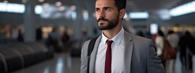 Portrait of a businessman in a suit at the airport
