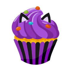 A purple cupcake with a cat ears and colorful sprinkles. Sweet holiday baked goods. Vector illustration.