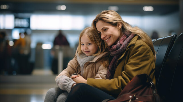 Mother and daughter smile while waiting for an airplane in the airport waiting area