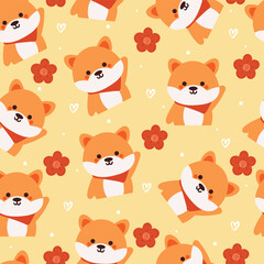 seamless pattern cartoon puppy with plant and flower. cute animal wallpaper for textile, gift wrap paper