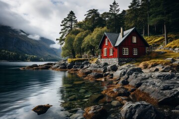 A typical red and colorful cottage of the Norwegian culture and architecture in Norway. High quality photo - obrazy, fototapety, plakaty