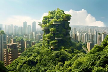 Idea of a green city, featuring skyscrapers enveloped in verdant foliage