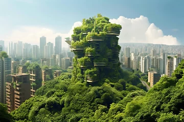 Rolgordijnen Idea of a green city, featuring skyscrapers enveloped in verdant foliage © Aleksandr