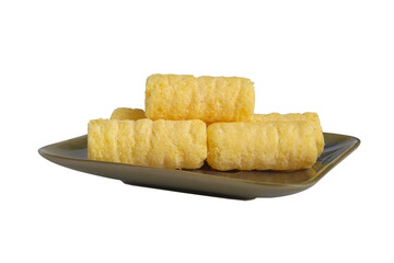 crispy butter corn roll in dish on white.clipping path.