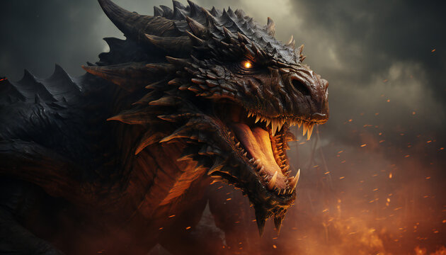 Recreation of a terrorific dragon with eyes fire atacking