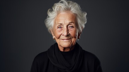 studio photo of a woman of advanced age on a black background