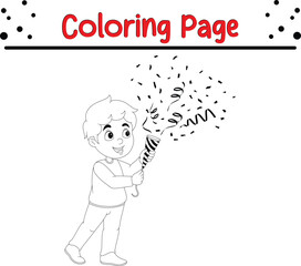 Christmas little boy winter clothes coloring page. Merry Christmas Black and white vector illustration for coloring book.
