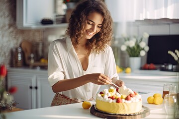 A skilled female pastry chef meticulously decorating a delectable cake in her kitchen, creating a sweet masterpiece.
