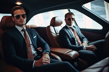 Two confident businessmen in a modern car, one in the driver's seat, the other in the back, working on a laptop during a journey.