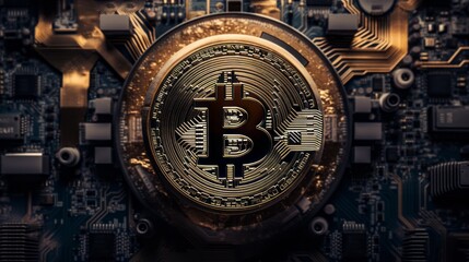 Bitcoin coin with motherboard background