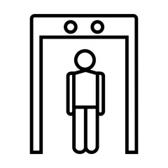 Simple outline of man walking through body scanner vector icon. Black line drawing or cartoon illustration of man at metal detector on white background. Security, traveling concept