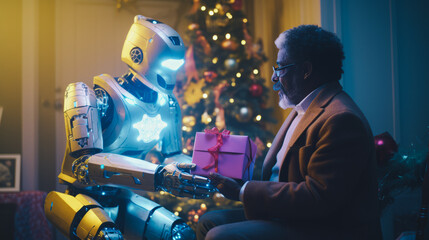 A futuristic movie scene with a humanoid robot bringing Christmas gifts to an older smiling afro man in his warm and decorated home.