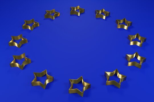 The flag of the European Union made of voluminous gold stars on a blue background. 3D rendering