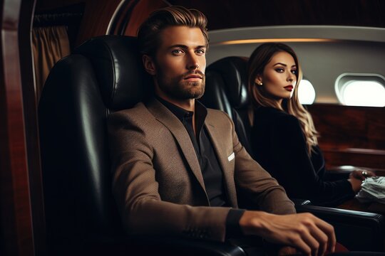 A businessman and businesswoman sitting together in a luxurious jet, working and looking out the window during a city journey.