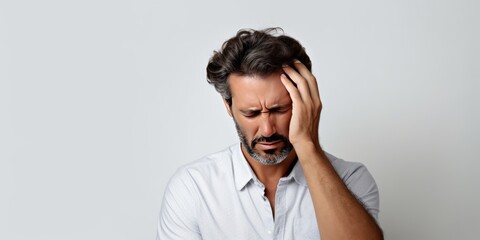 man with headache on white background