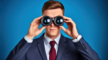 Businessman scouting new opportunities with binoculars, concept photo