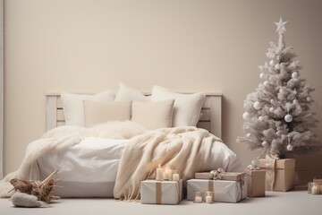 Minimalist and elegant Christmas bedroom. Soft lighting.