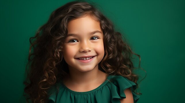 studio photo of a baby girl on a green background