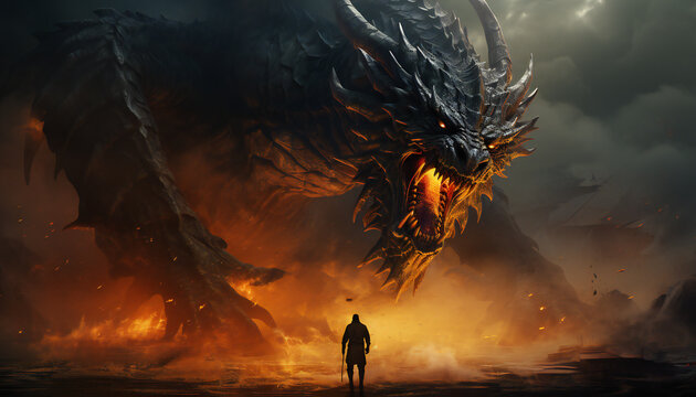 Recreation of a furious dragon fighting against a knight