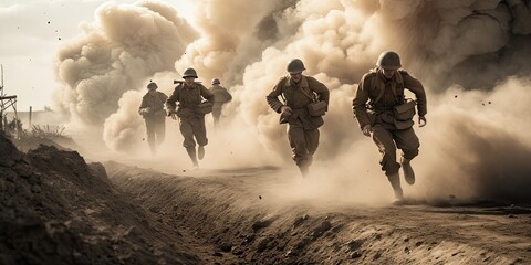 Soldiers running across the battlefield in World War 2. Explosions in the background.