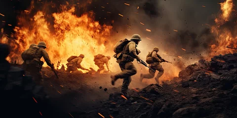 Fotobehang Soldiers running across the battlefield. Explosions in the background. © Simon