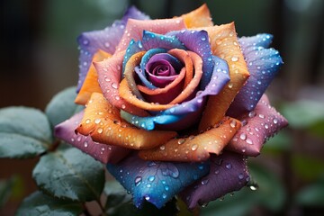 Photo of a vibrant multicolored rose adorned with glistening water droplets created with Generative AI technology