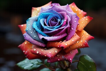 Photo of a vibrant multicolored rose adorned with glistening water droplets created with Generative AI technology