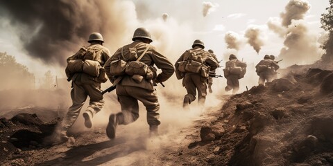 Soldiers running across the battlefield in World War 2. Explosions in the background. - obrazy, fototapety, plakaty