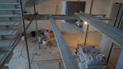 Construction of a large building. The premises of the concert hall during construction.