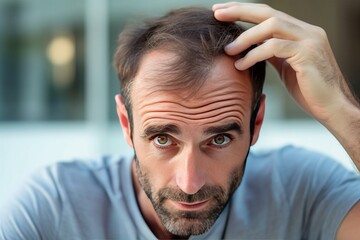 Middle aged man with alopecia looking at mirror, hair loss concept