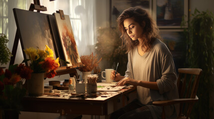 Female artist working on painting in her studio